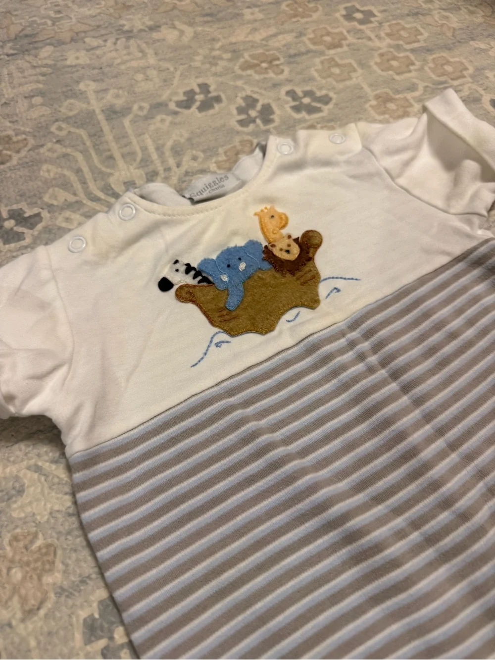 Striped Blue & White Baby One-Piece Bodysuit with Animal Applique